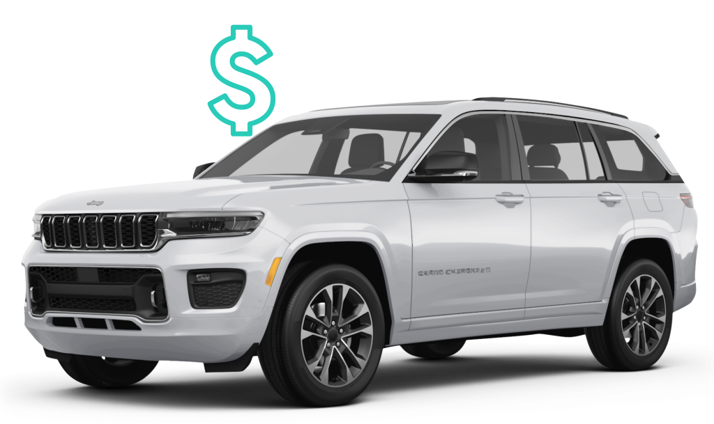 Jeep with dollar sign behind to illustrate a cash value for a vehicle