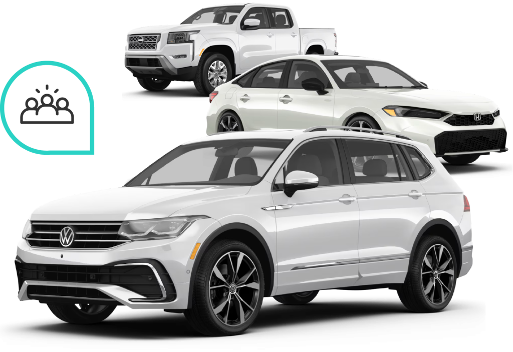 A group of three vehicles—a white Volkswagen SUV, a white Honda sedan, and a white Nissan pickup truck—positioned near an icon of three people, representing trade-in offers from multiple buyers.