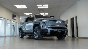chevrolet Silverado ev truck in showroom