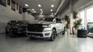 silver 2025 ram 1500 sport in show room